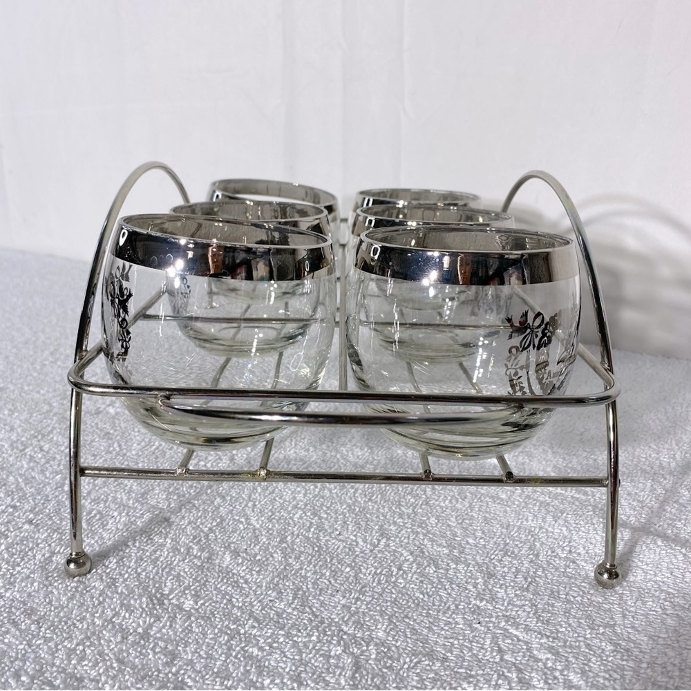 Vintage MCM 25th Anniversary Roly Poly Glasses W Silver Rim & Chrome Caddy - Picture 3 of 12